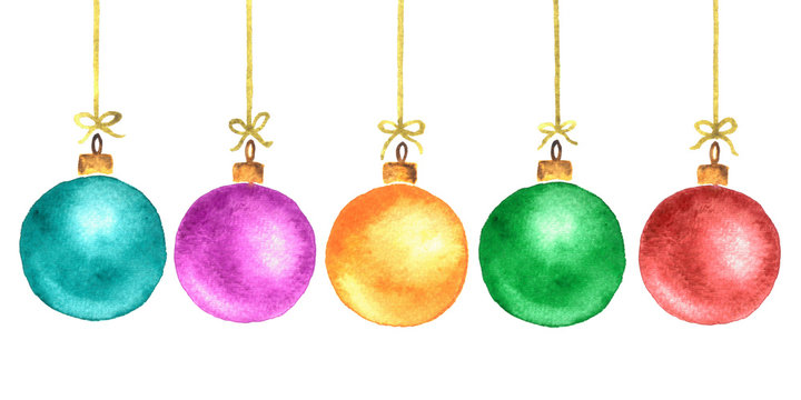 Multicolored watercolor Christmas tree balls. Hand painted New Year decoration