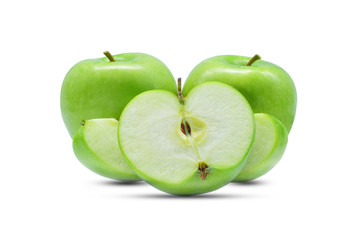 whole and hafl with slice of green apples  isloated on white background