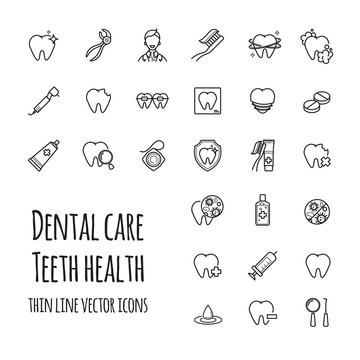 Vector dental care icons set. Thin line icons of teeth health, dentistry, medicine