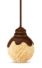 Chocolate topping flowing down on vanilla ice cream, Milk, dark, ice cream scoop with melted brown sauce