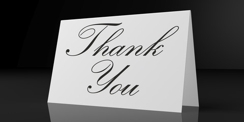 Thank you text on white card, isolated on black background. Calligraphy lettering. 3d illustration