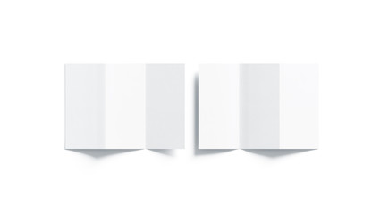 Blank white z-folded booklet mockup, front and back side, top view, 3d rendering. Plain trifold...