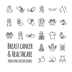 Breast cancer and healthcare vector icons set