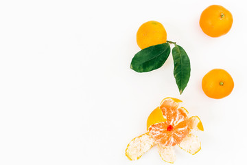 Citrus fruits with leaf on white background. Flat lay. Top view