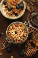 Homemade granola Cereal with blueberries/ Healthy breakfast concept, selective focus