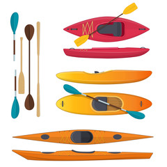Set of colored sea and whitewater kayaks and paddles