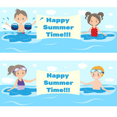 Obraz na płótnie Canvas Children swim in the swimming pool