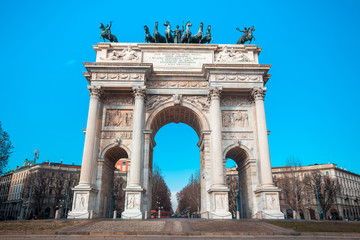 Fototapeta na wymiar Historical marble arch Arco della Pace, Sempione square, Milan, Lombardy, Italy