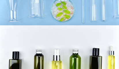 Collection of cosmetic bottle containers and laboratory glassware, Blank label for branding...