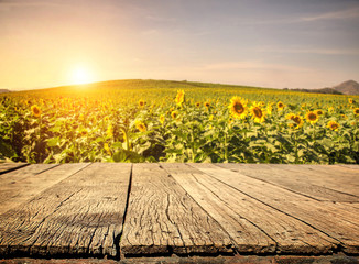 Empty wooden plank with Sunflower field background - Powered by Adobe
