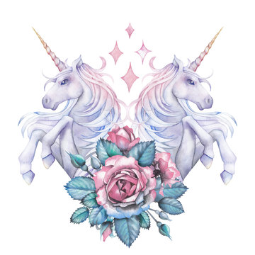 recommend clip art: Watercolor design with unicorns and rose vignette
