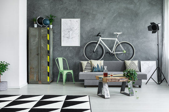 Monochromatic living room with bike