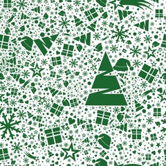 Świąteczny pattern w zielonych kolorach z choinką, prezentem, czapką, gwiazdką i śnieżką