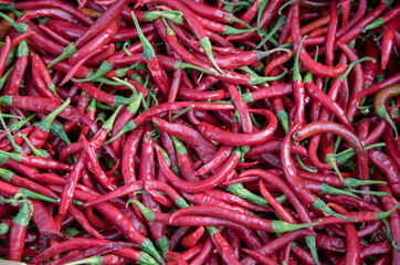 Red hot spicy healthy peppers on a fruit market