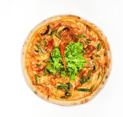 Italian cuisine and food delivery concept. Pizza with sausages,
