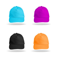 Set of colored baseball caps on a white background.