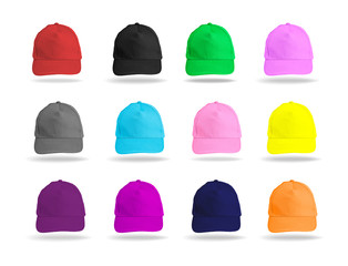Set of colored baseball caps on a white background.