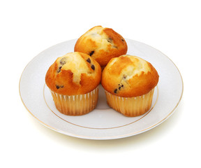 Fresh chocolate chip muffin close up in plate on white
