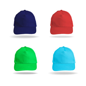 Set of colored baseball caps on a white background.