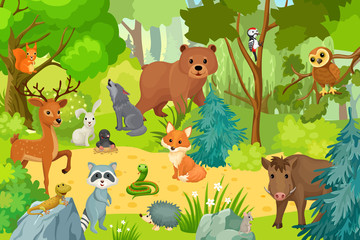 Naklejka premium Wild animals on forest. Vector illustration in a cartoon style.