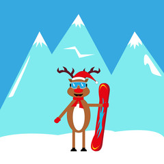 cartoon deer snowboarder in the mountains