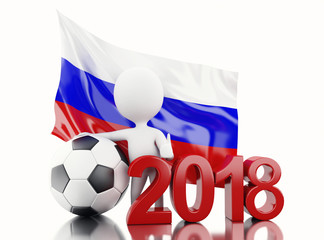 3d White people with Russia flag and soccer ball.