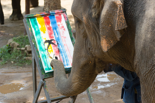 Elephant painting in picture elephant and tree frame, Asia Thailand 