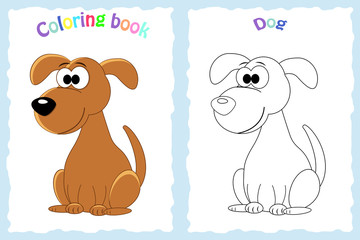 Coloring book page for preschool children with colorful dog and sketch to color