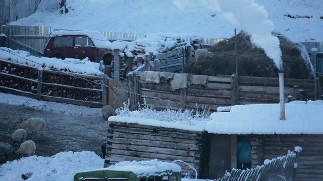 Smoke from a village house in a winter landscape