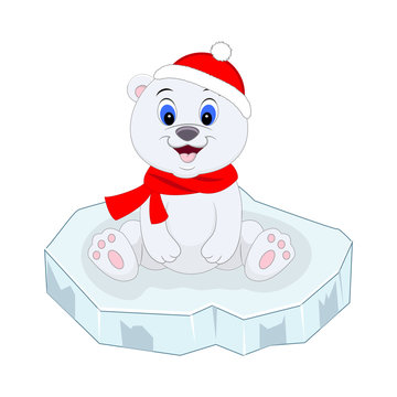 Cute funny cartoon polar bear on ice floe. Vector illustration.
