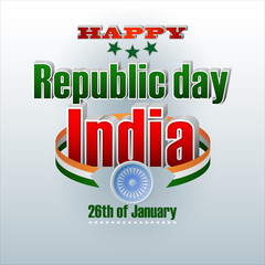 Holiday design, background with 3d texts, national flag colors and spinning wheel for 26th of January, India Republic day, celebration
