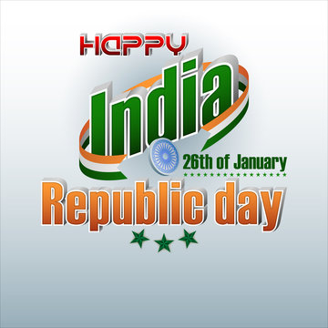 Holiday design, background with 3d texts, national flag colors and spinning wheel for 26th of January, India Republic day, celebration 