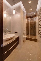 A white bathroom with a shower cabin and white walls
