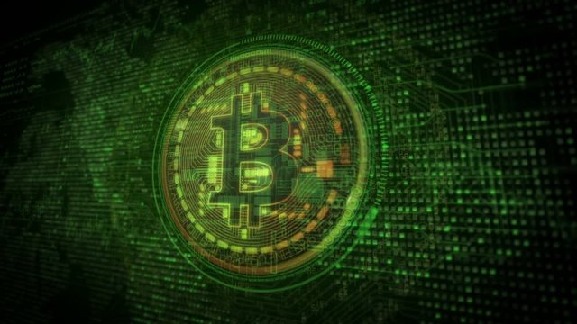 Bitcoin digital cryptocurrency intro.Golden and green color.Broadcast design futuristic stock market technology HUD digital mining data interface.Type 2
