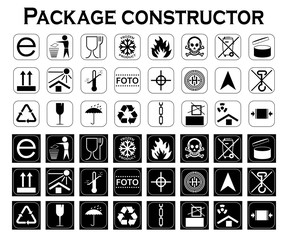 Package constructor. Packaging symbols.  Icon set including waste recycling, fragile, flammable, this side up, handle with care, keep dry and others. Vector illustration