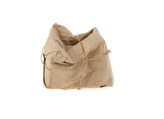 Obraz premium crumpled parcel postmarked destroyed, isolated on a white background