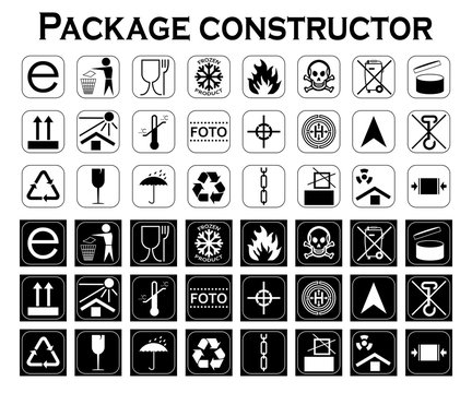 Package constructor. Packaging symbols.  Icon set including waste recycling, fragile, flammable, this side up, handle with care, keep dry and others. Vector illustration