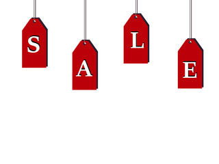 Hanging labels with the word "sale" on a white background. Shares and offer. Business & Finance