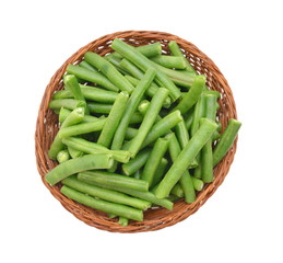 Green beans isolated in basket on a white background