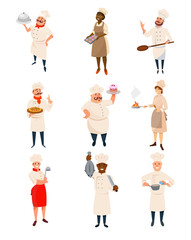 Set of restaurant chefs with kitchenware and dishes in hands. Professional kitchen workers. Men and women characters in cook uniform with hat. Flat vector design