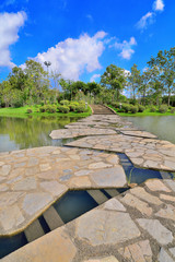 Concrete bridges cross the canal to the green park on blue sky.