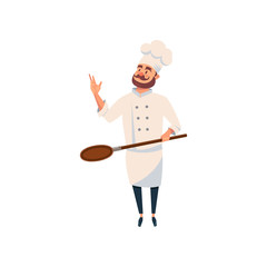 Bearded cook standing with wooden pizza paddle in hand. Professional restaurant worker. Man character in kitchen uniform with traditional chef hat. Flat vector design