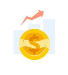 Vector flat business illustration of graphics and diagram and arrow with golden coin with dollar sign isolated on white background. Money growth. Finance strategy.