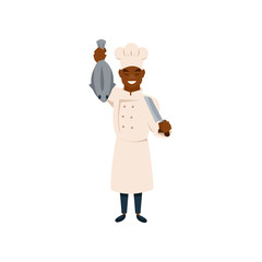 Cook character with knife and fish in hands. Cheerful black man in chef uniform with traditional hat. Cartoon restaurant worker. Isolated flat vector design
