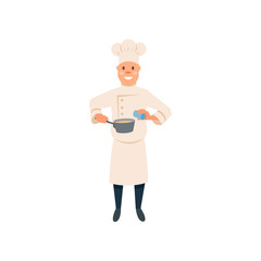 Chef in cooking process food. Cartoon man character seasoning spice into pan. Cook in traditional uniform with hat. Restaurant worker. Flat vector design
