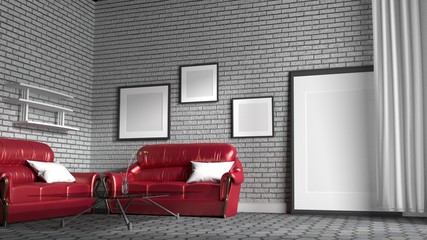 Red sofa in a living room with white brick wall background. 3d rendering