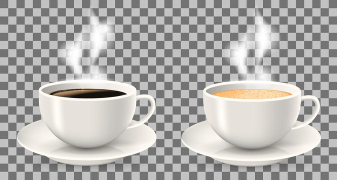 Two hot cups of coffee with steam on saucers. Objects on the transparent background. Americano, latte and cappuccino coffee.