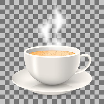 Hot cup of coffee with steam on saucer. Element on the transparent background. Cappuccino and latte coffee.