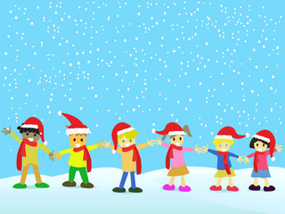 Christmas kids on snowing background