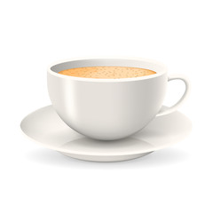 Realistic cup of coffee on saucer. Object isolated on the white background. Cappuccino or latte coffee.